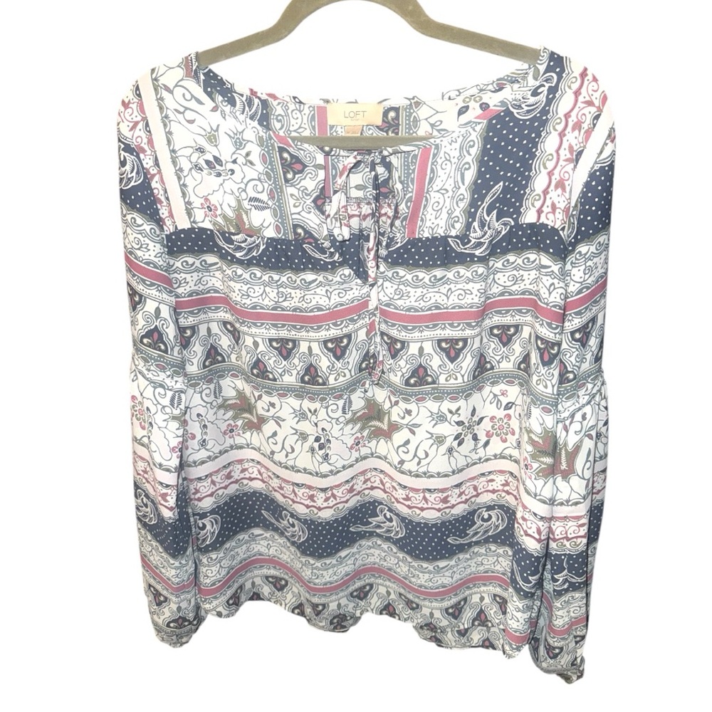 LOFT Gray and Pink 3/4 Sleeve Tie Front Blouse